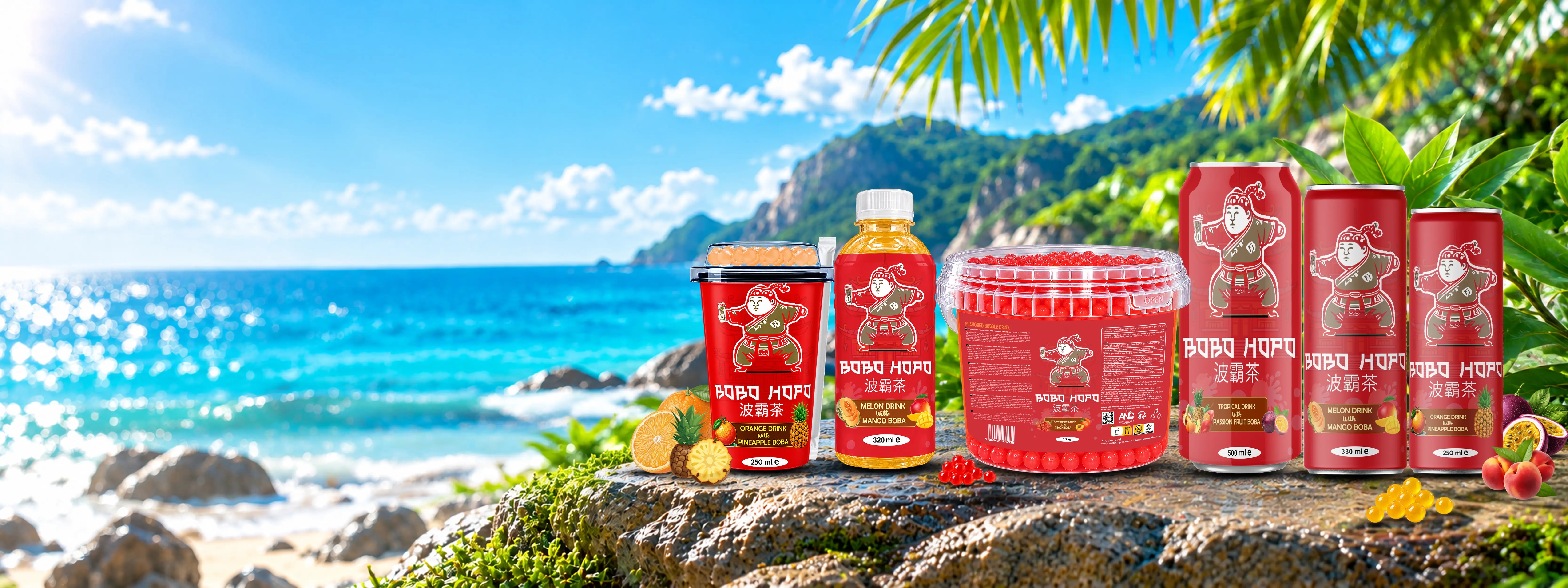 Bobo Hopo bubble tea drinks and boba products in multiple formats displayed on a tropical beach with fresh fruit.